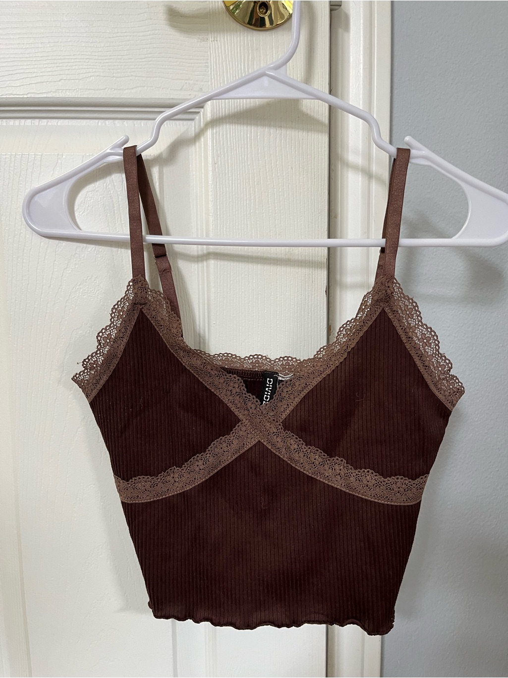 Brown Lace-Trim Ribbed Cami Tank Top